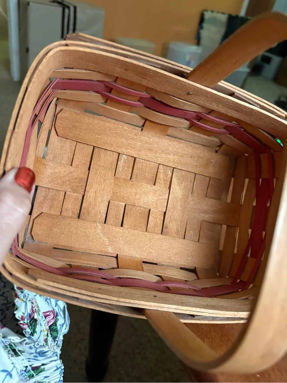 Longaberger Natural and Red Woven Handled Basket with Liner